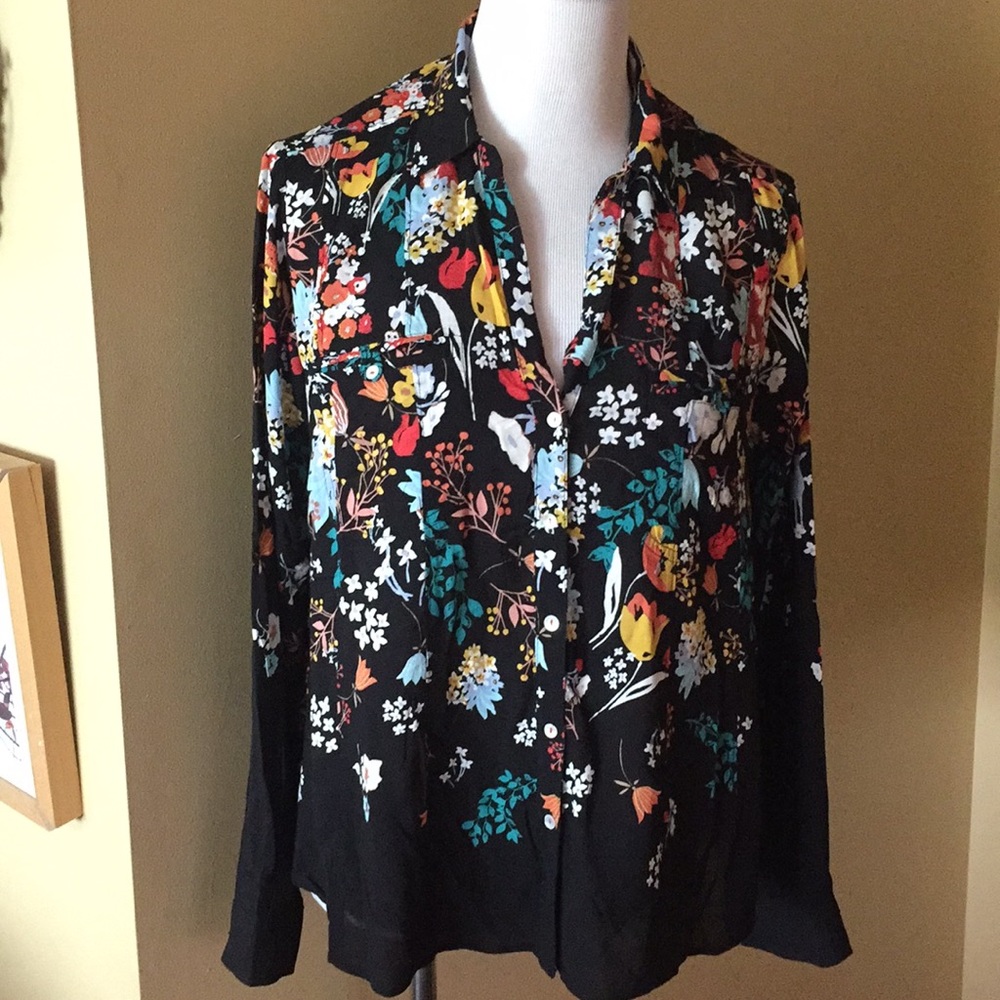 Anthropologie Black Floral Button-Down Shirt with Multicolor Blossoms